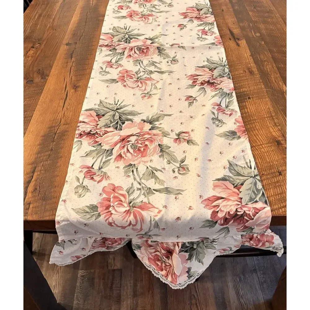 Cottagecore Table Runner Pink Green Floral Rose French Country Ruffle chic 16x57